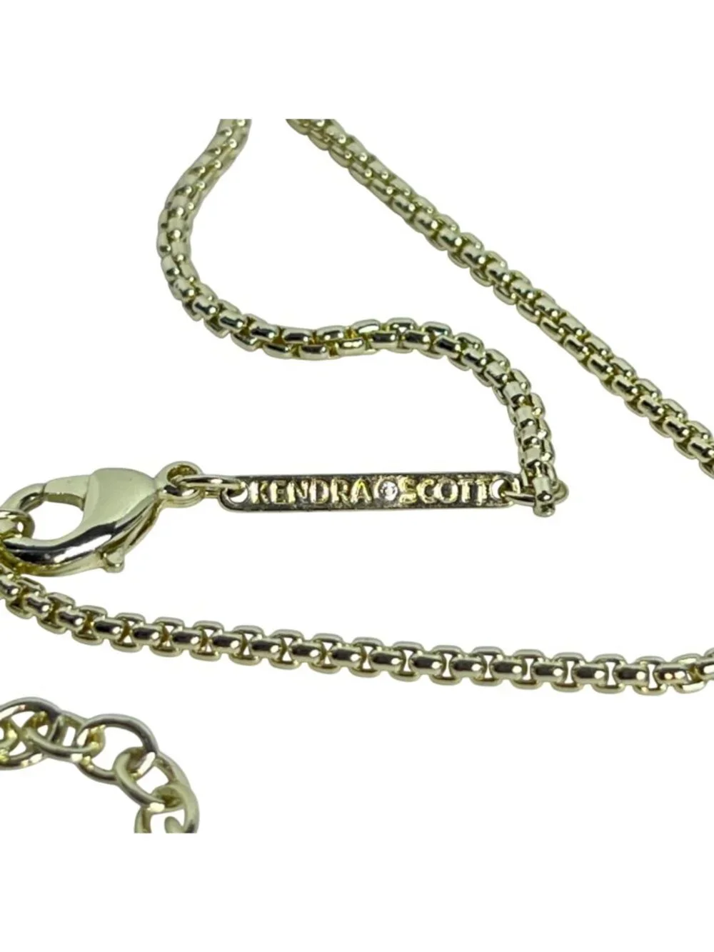 Kendra Scott Gold Tone Curved Box Chain Necklace W/ Green Tassel Pendant (6382) - Picture 6 of 6